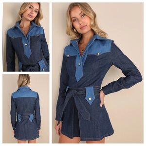 Denim Two-Tone Tie-Waist Shirt Dress - Dark/Light Blue